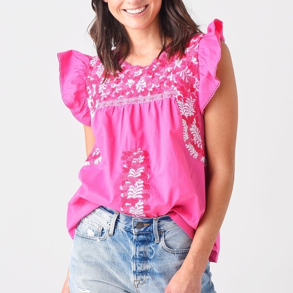 J. Marie Hot Pink Ruffle Sleeve Embroidered Cam Top Size Large Preppy Boho - Picture 1 of 6